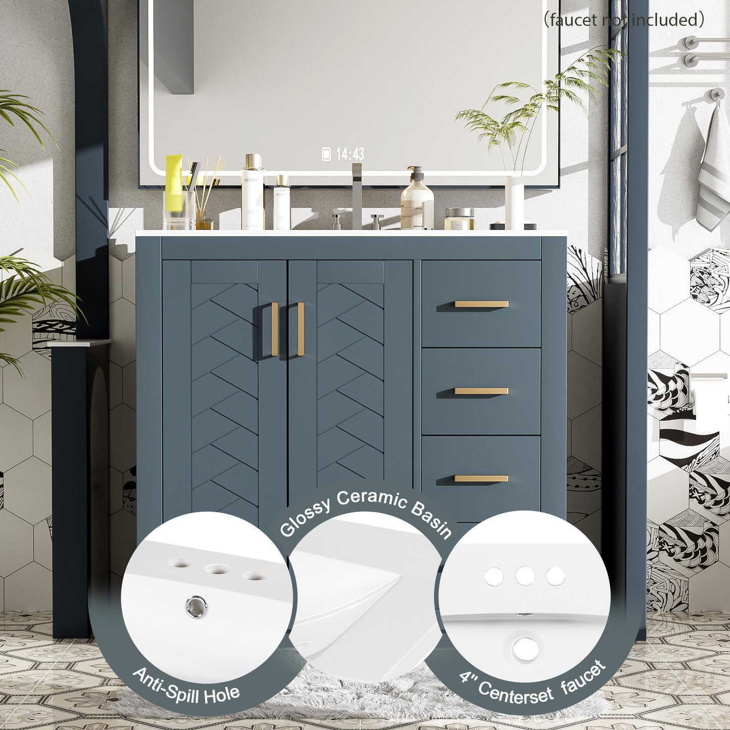 VanityFus 36-in Blue Bathroom Vanity Single Sink Combo with Ceramic Top Undermount 2 Soft Close Doors 3 Drawers