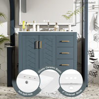 VanityFus 36-in Blue Bathroom Vanity Single Sink Combo with Ceramic Top Undermount 2 Soft Close Doors 3 Drawers