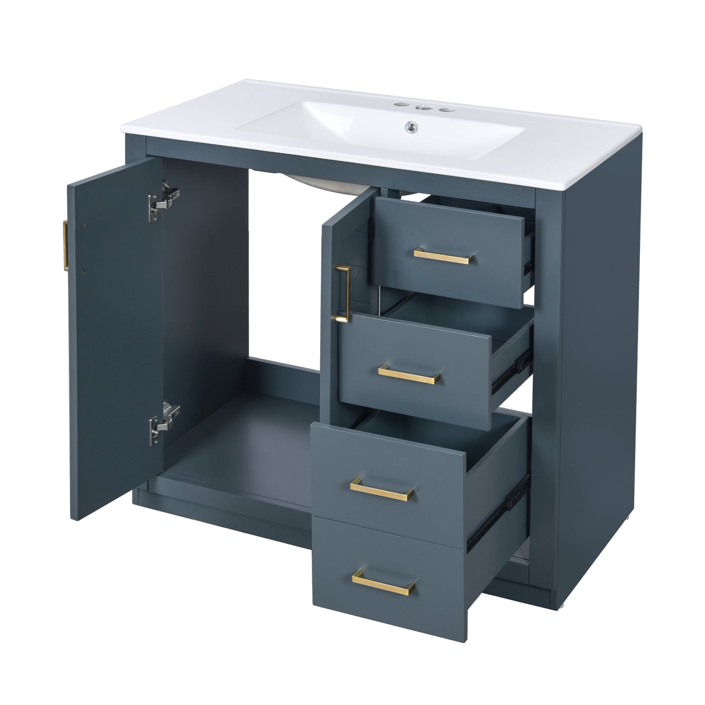 VanityFus 36-in Blue Bathroom Vanity Single Sink Combo with Ceramic Top Undermount 2 Soft Close Doors 3 Drawers
