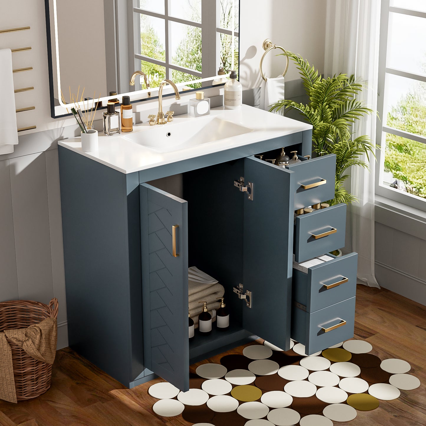 VanityFus 36-in Blue Bathroom Vanity Single Sink Combo with Ceramic Top Undermount 2 Soft Close Doors 3 Drawers
