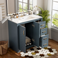 VanityFus 36-in Blue Bathroom Vanity Single Sink Combo with Ceramic Top Undermount 2 Soft Close Doors 3 Drawers