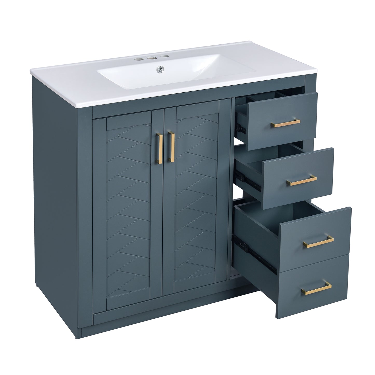 VanityFus 36-in Blue Bathroom Vanity Single Sink Combo with Ceramic Top Undermount 2 Soft Close Doors 3 Drawers