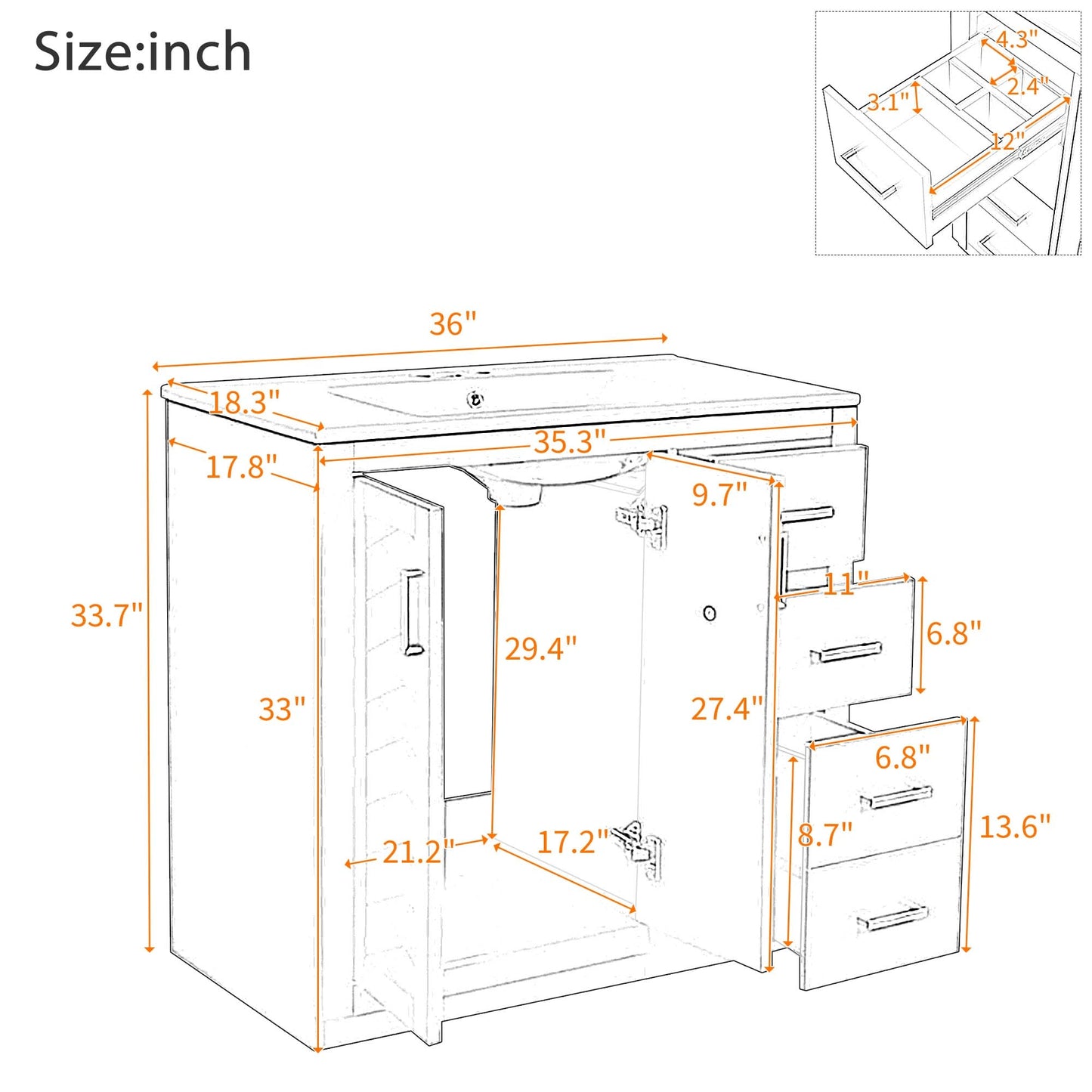 VanityFus 36-in Green Bathroom Vanity Undermount Single Sink Combo with Ceramic Top 2 Soft Close Doors 3 Drawers