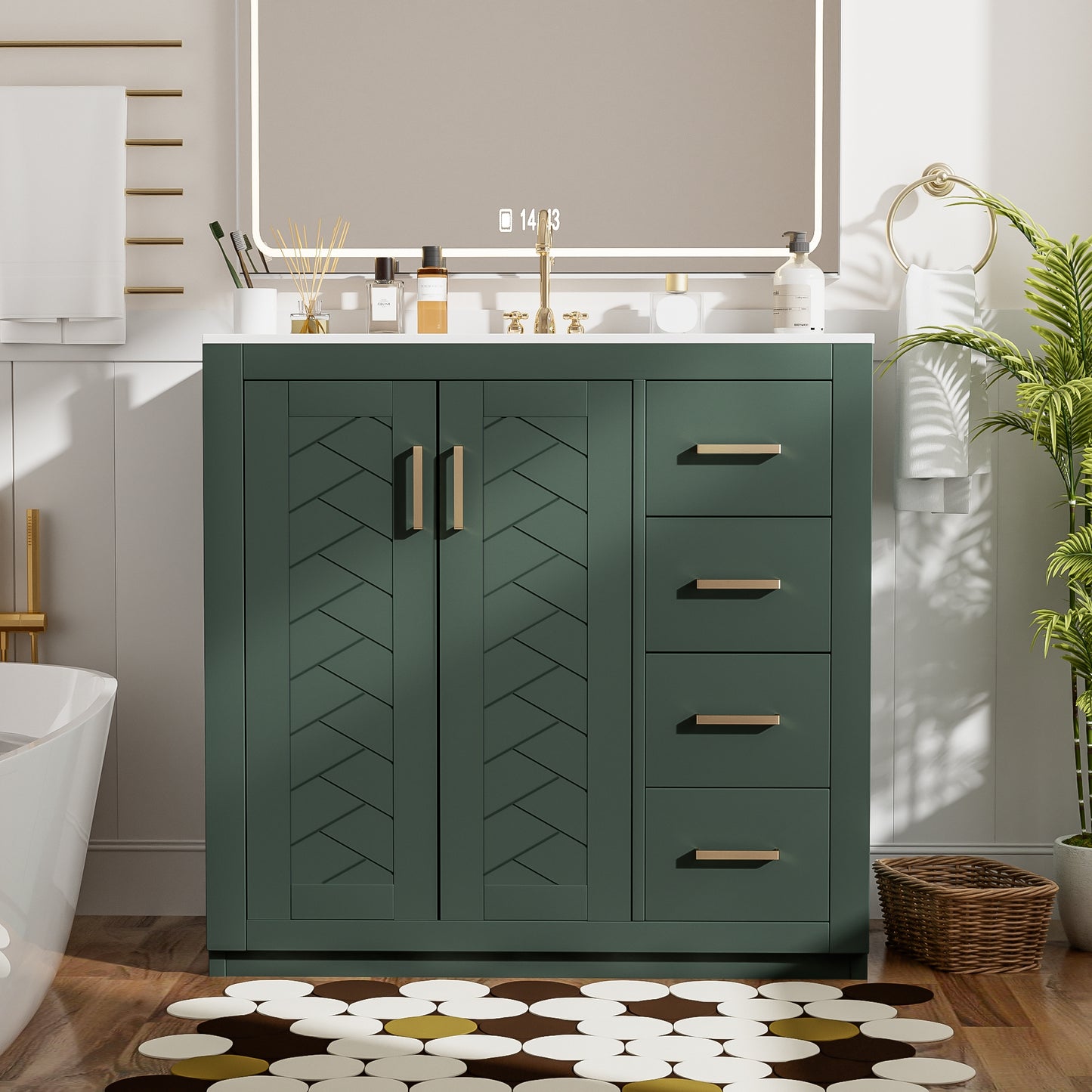 VanityFus 36-in Green Bathroom Vanity Undermount Single Sink Combo with Ceramic Top 2 Soft Close Doors 3 Drawers