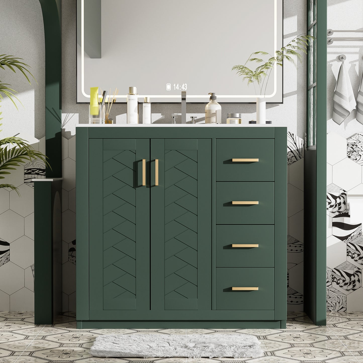 VanityFus 36-in Green Bathroom Vanity Undermount Single Sink Combo with Ceramic Top 2 Soft Close Doors 3 Drawers