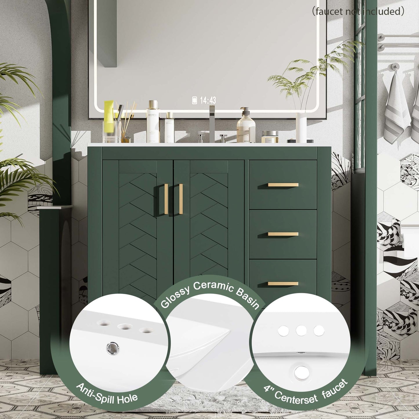 VanityFus 36-in Green Bathroom Vanity Undermount Single Sink Combo with Ceramic Top 2 Soft Close Doors 3 Drawers