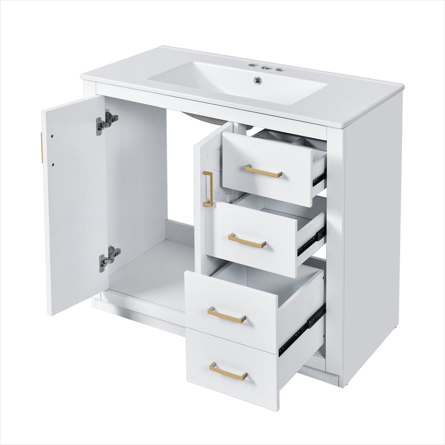 VanityFus 36-in White Bathroom Vanity Single Sink Combo with Ceramic Top Undermount 2 Soft Close Doors 3 Drawers