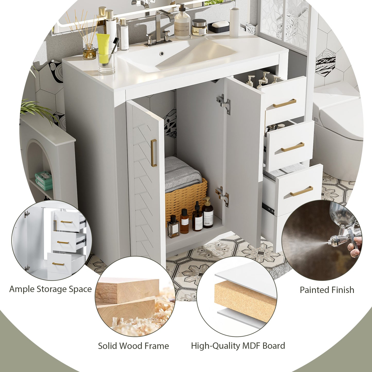 VanityFus 36-in White Bathroom Vanity Single Sink Combo with Ceramic Top Undermount 2 Soft Close Doors 3 Drawers