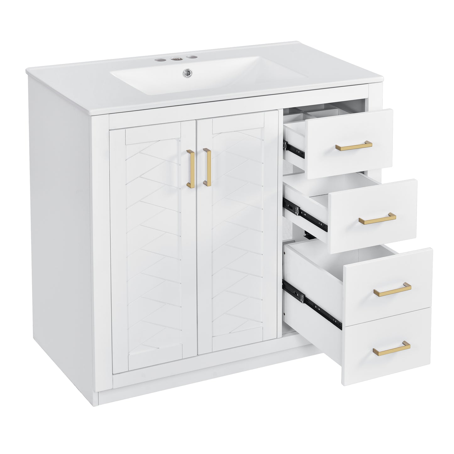 VanityFus 36-in White Bathroom Vanity Single Sink Combo with Ceramic Top Undermount 2 Soft Close Doors 3 Drawers