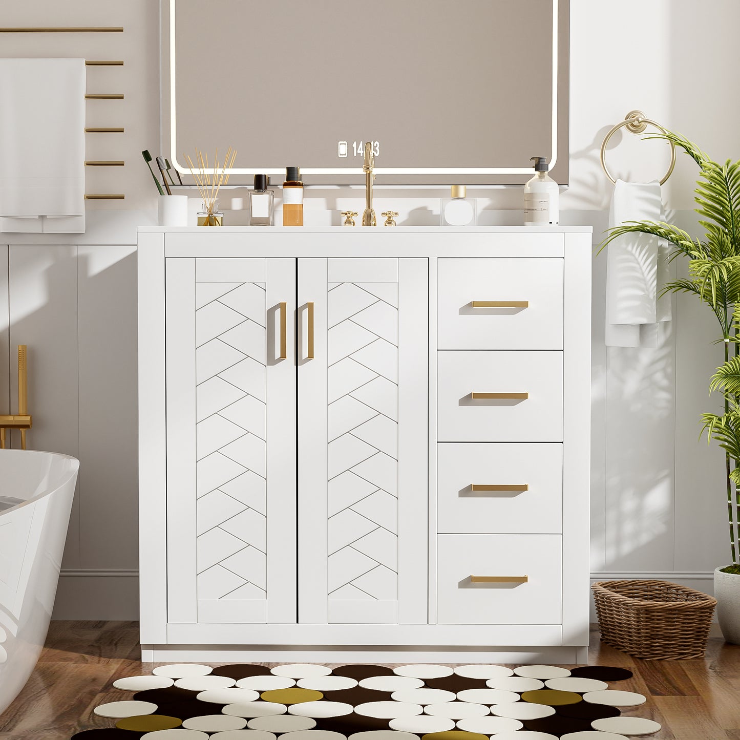 VanityFus 36-in White Bathroom Vanity Single Sink Combo with Ceramic Top Undermount 2 Soft Close Doors 3 Drawers
