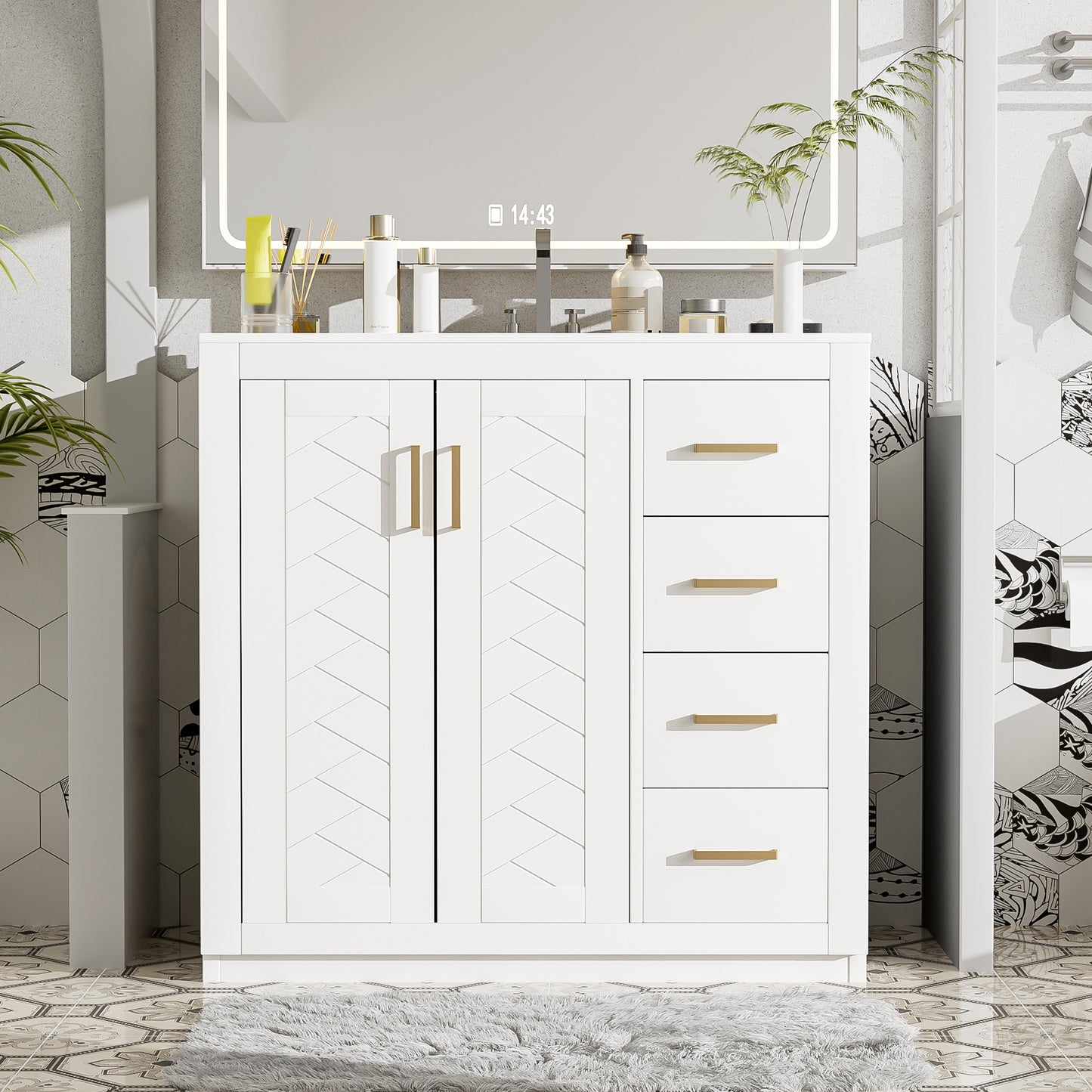 VanityFus 36-in White Bathroom Vanity Single Sink Combo with Ceramic Top Undermount 2 Soft Close Doors 3 Drawers