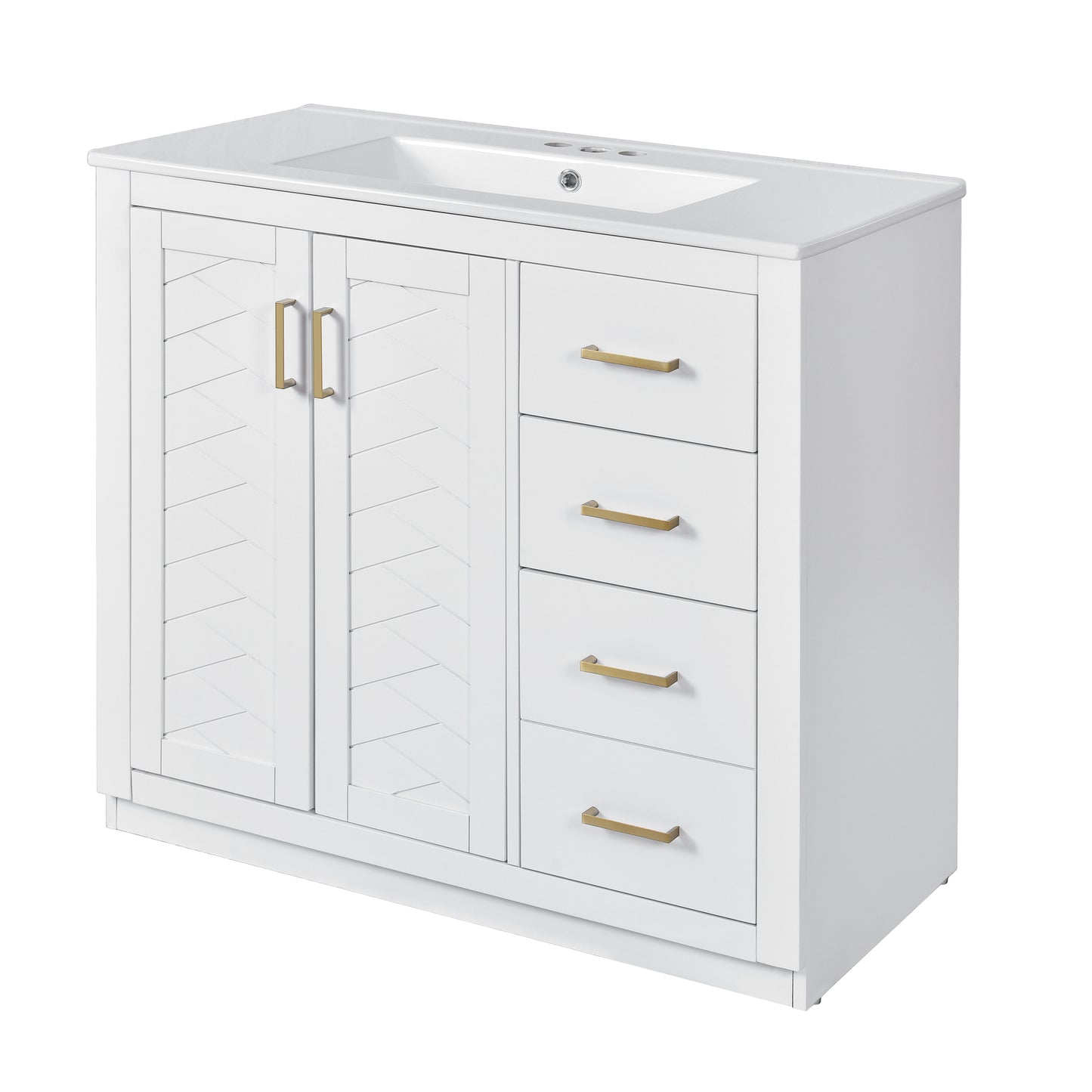 VanityFus 36-in White Bathroom Vanity Single Sink Combo with Ceramic Top Undermount 2 Soft Close Doors 3 Drawers
