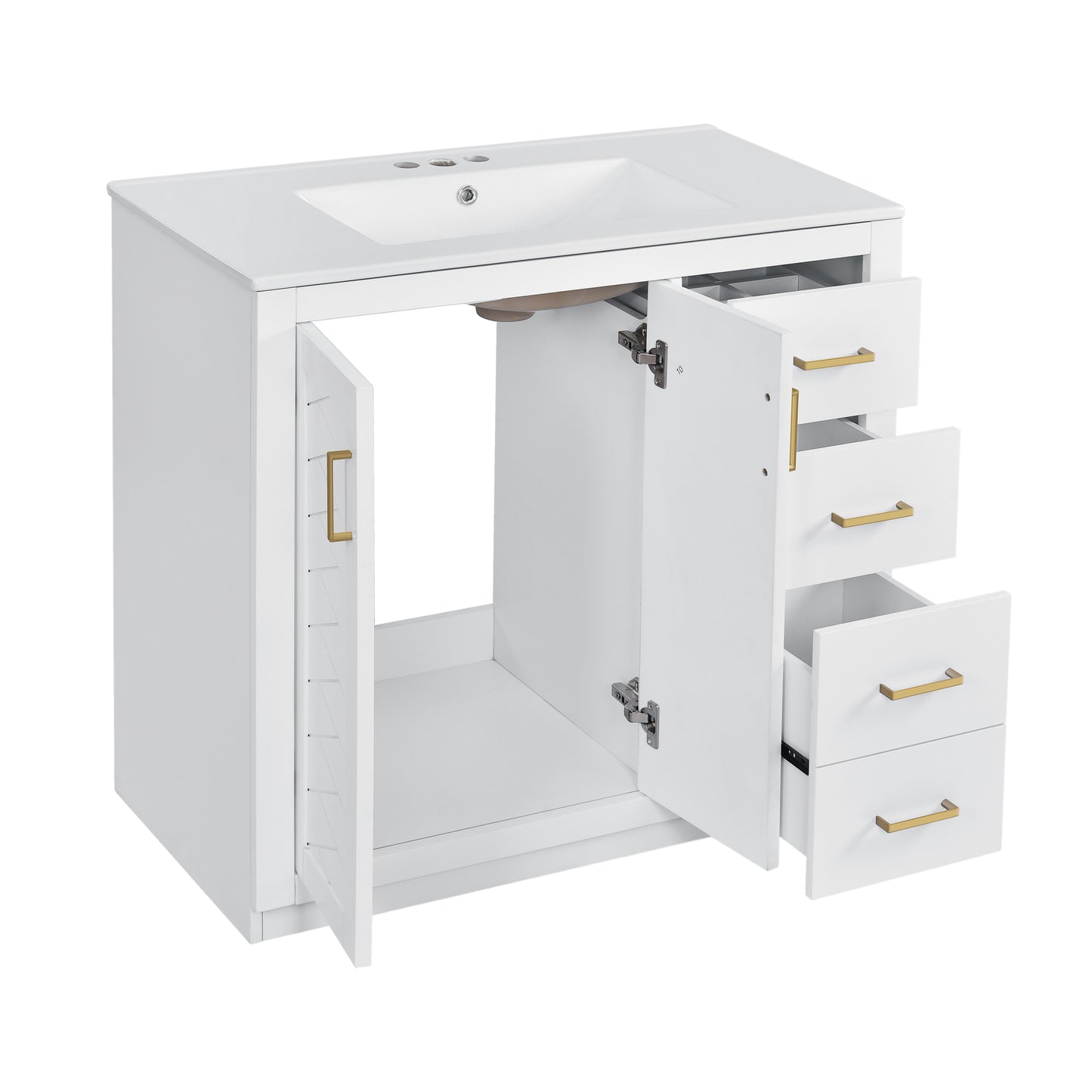VanityFus 36-in White Bathroom Vanity Single Sink Combo with Ceramic Top Undermount 2 Soft Close Doors 3 Drawers
