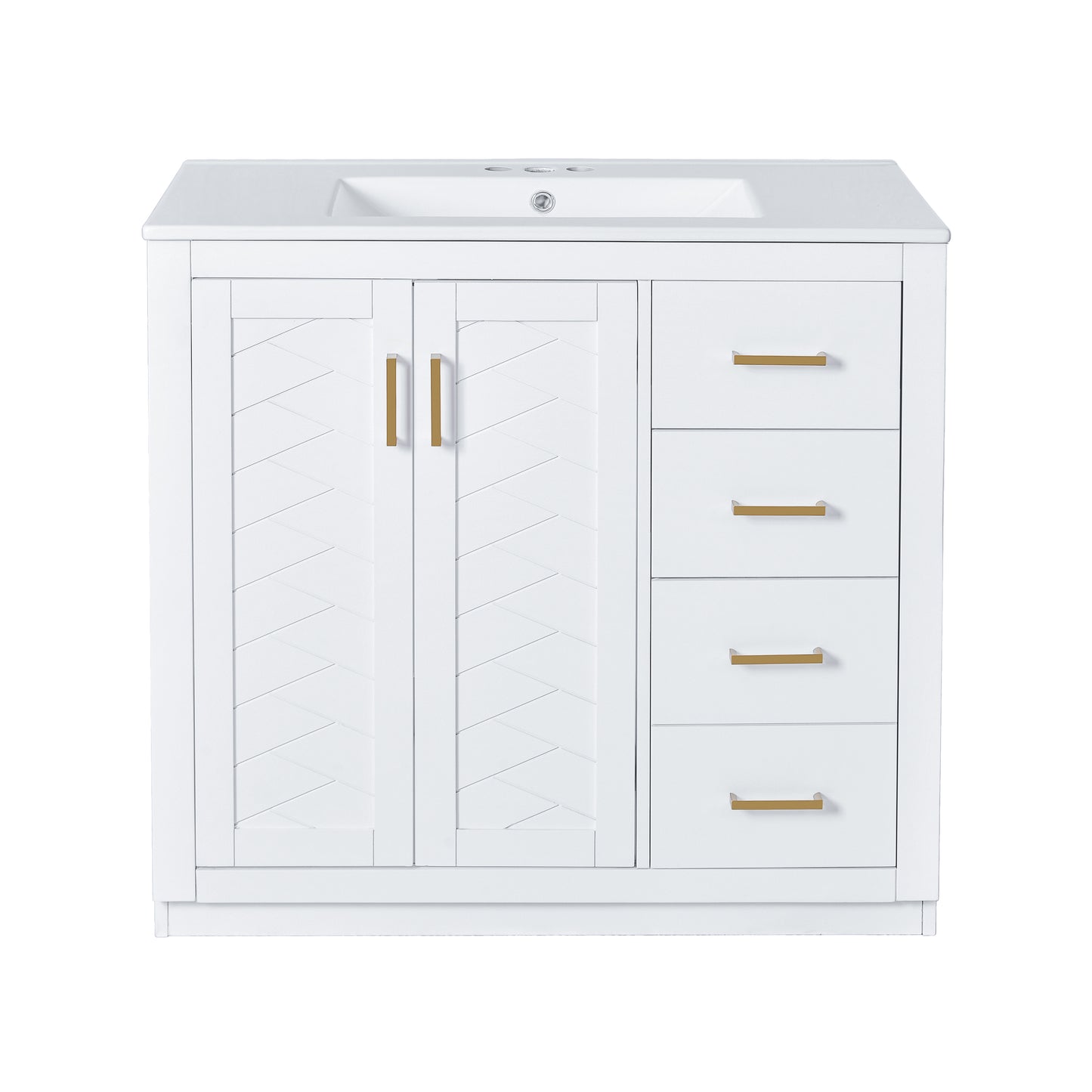 VanityFus 36-in White Bathroom Vanity Single Sink Combo with Ceramic Top Undermount 2 Soft Close Doors 3 Drawers
