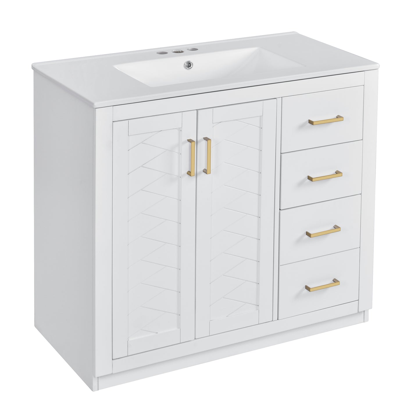 VanityFus 36-in White Bathroom Vanity Single Sink Combo with Ceramic Top Undermount 2 Soft Close Doors 3 Drawers