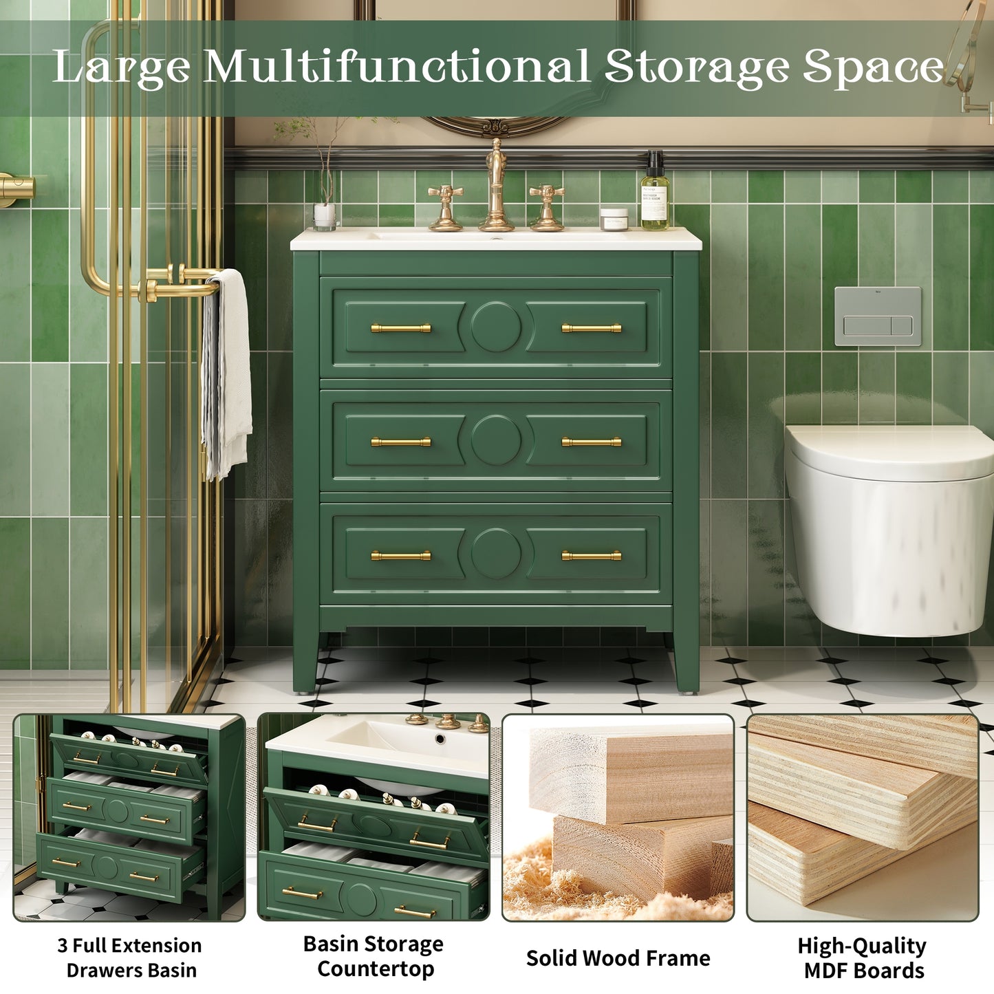 VanityFus 30-in Green Bathroom Vanity Single Sink Combo with Ceramic Top Undermount 3 Drawers