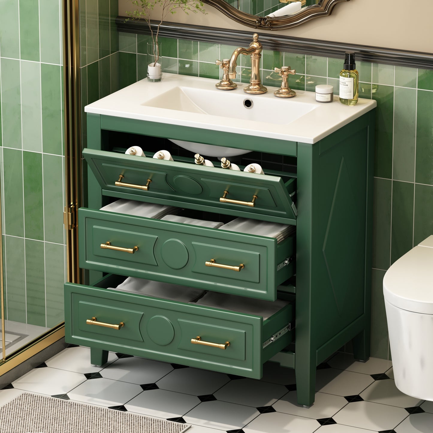 VanityFus 30-in Green Bathroom Vanity Single Sink Combo with Ceramic Top Undermount 3 Drawers