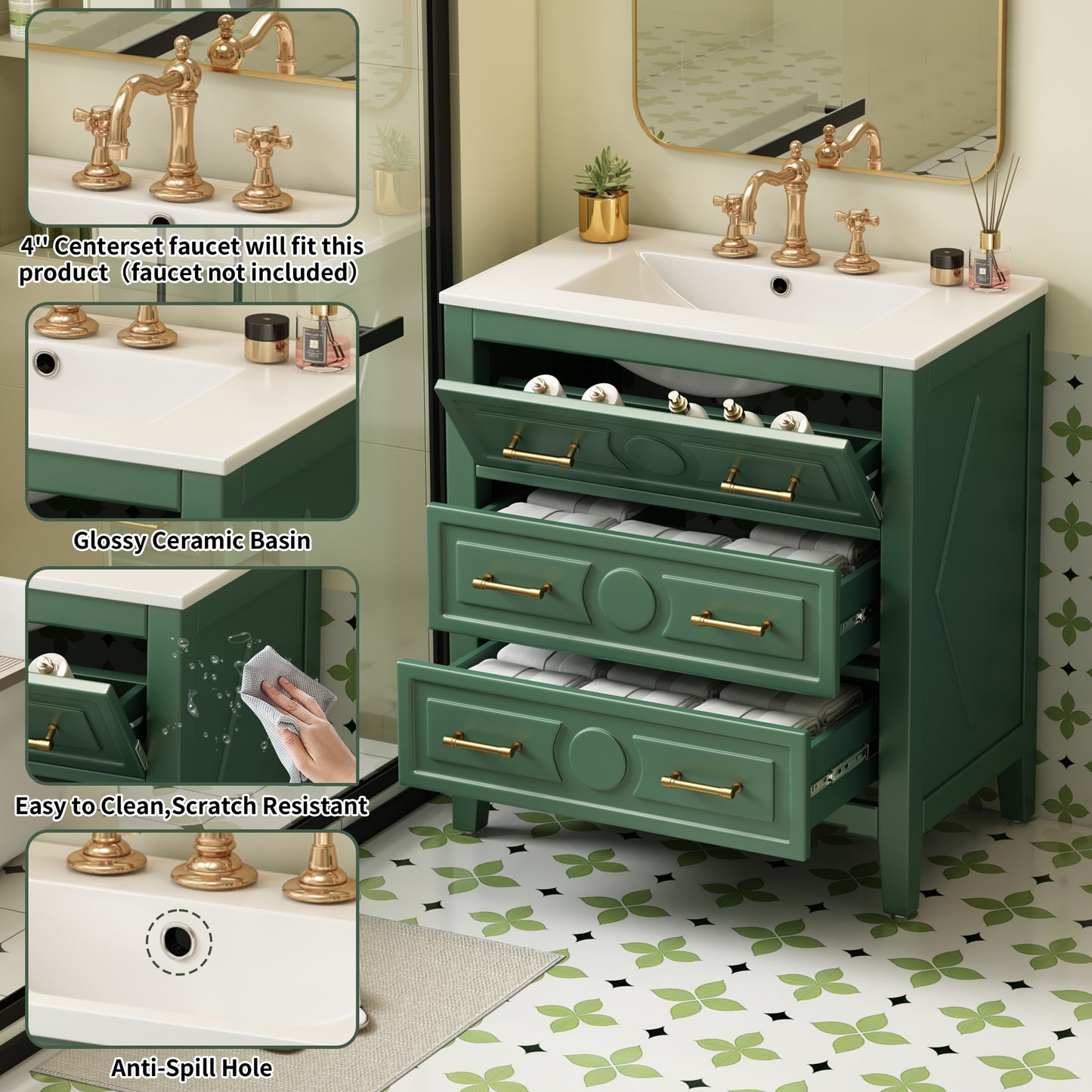 VanityFus 30-in Green Bathroom Vanity Single Sink Combo with Ceramic Top Undermount 3 Drawers