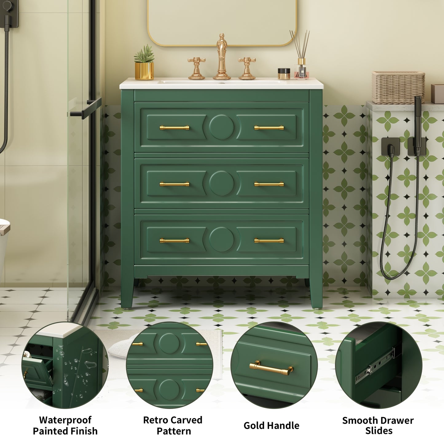 VanityFus 30-in Green Bathroom Vanity Single Sink Combo with Ceramic Top Undermount 3 Drawers