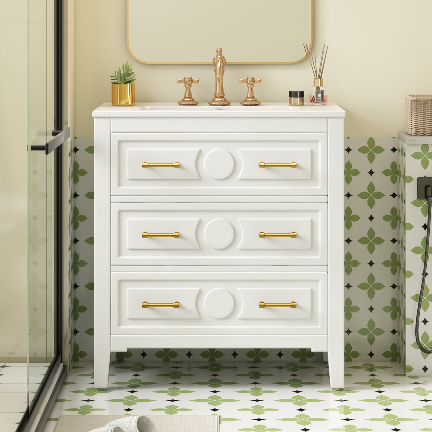 VanityFus 30-in White Bathroom Vanity Single Sink Combo with Ceramic Top Undermount 3 Drawers