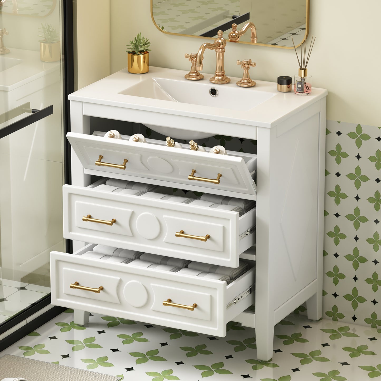 VanityFus 30-in White Bathroom Vanity Single Sink Combo with Ceramic Top Undermount 3 Drawers