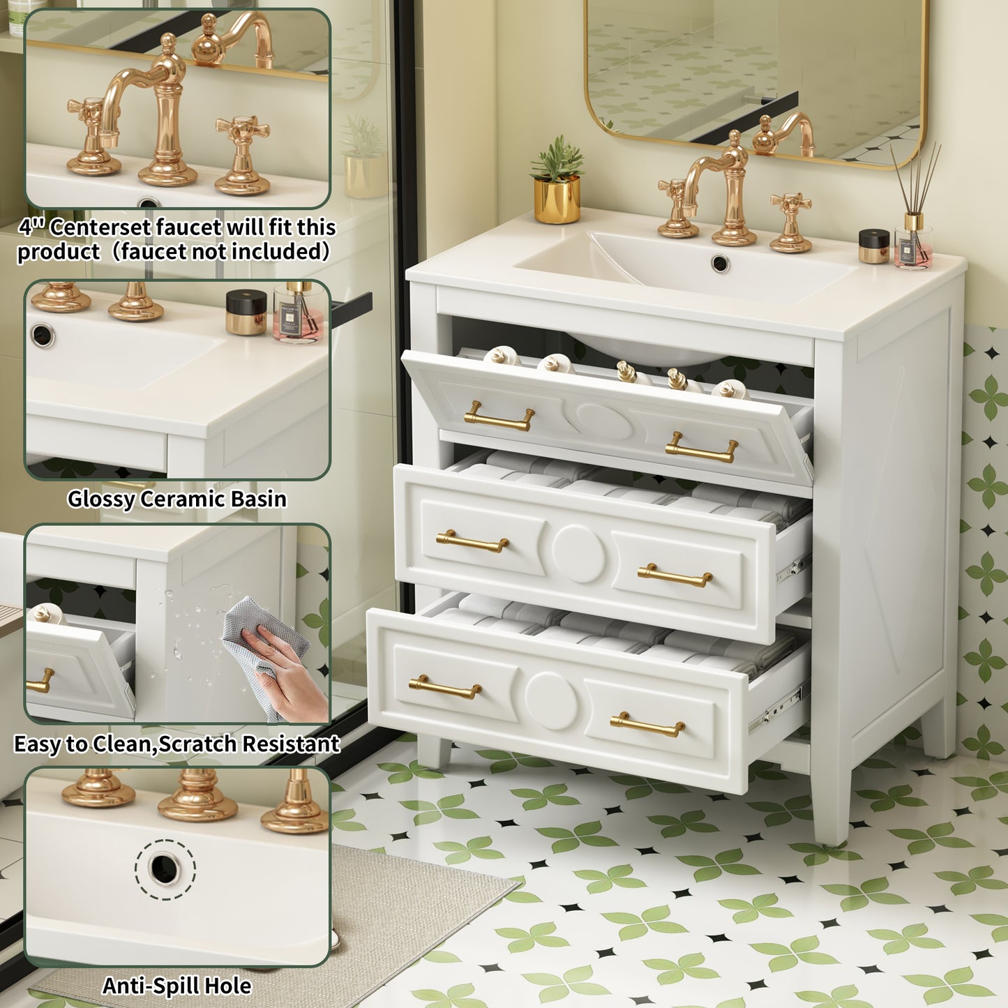 VanityFus 30-in White Bathroom Vanity Single Sink Combo with Ceramic Top Undermount 3 Drawers