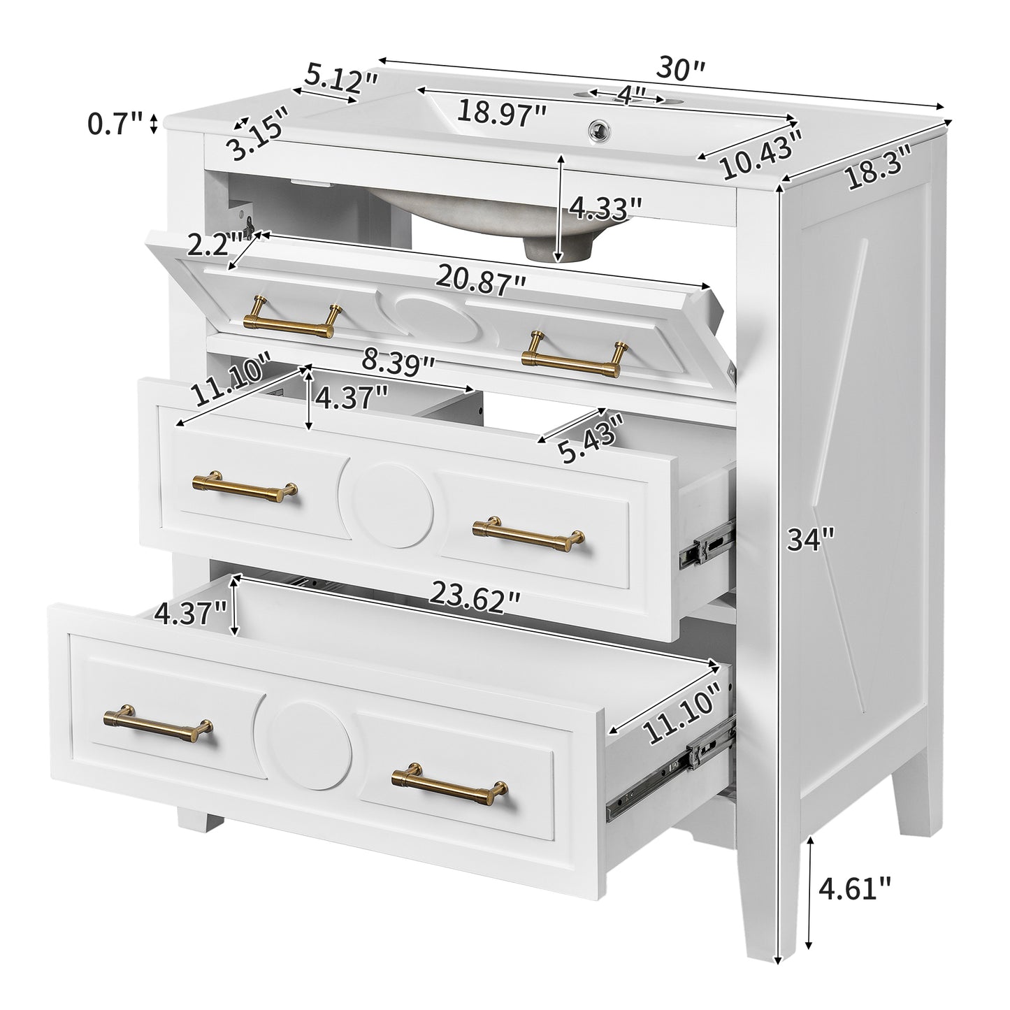 VanityFus 30-in White Bathroom Vanity Single Sink Combo with Ceramic Top Undermount 3 Drawers