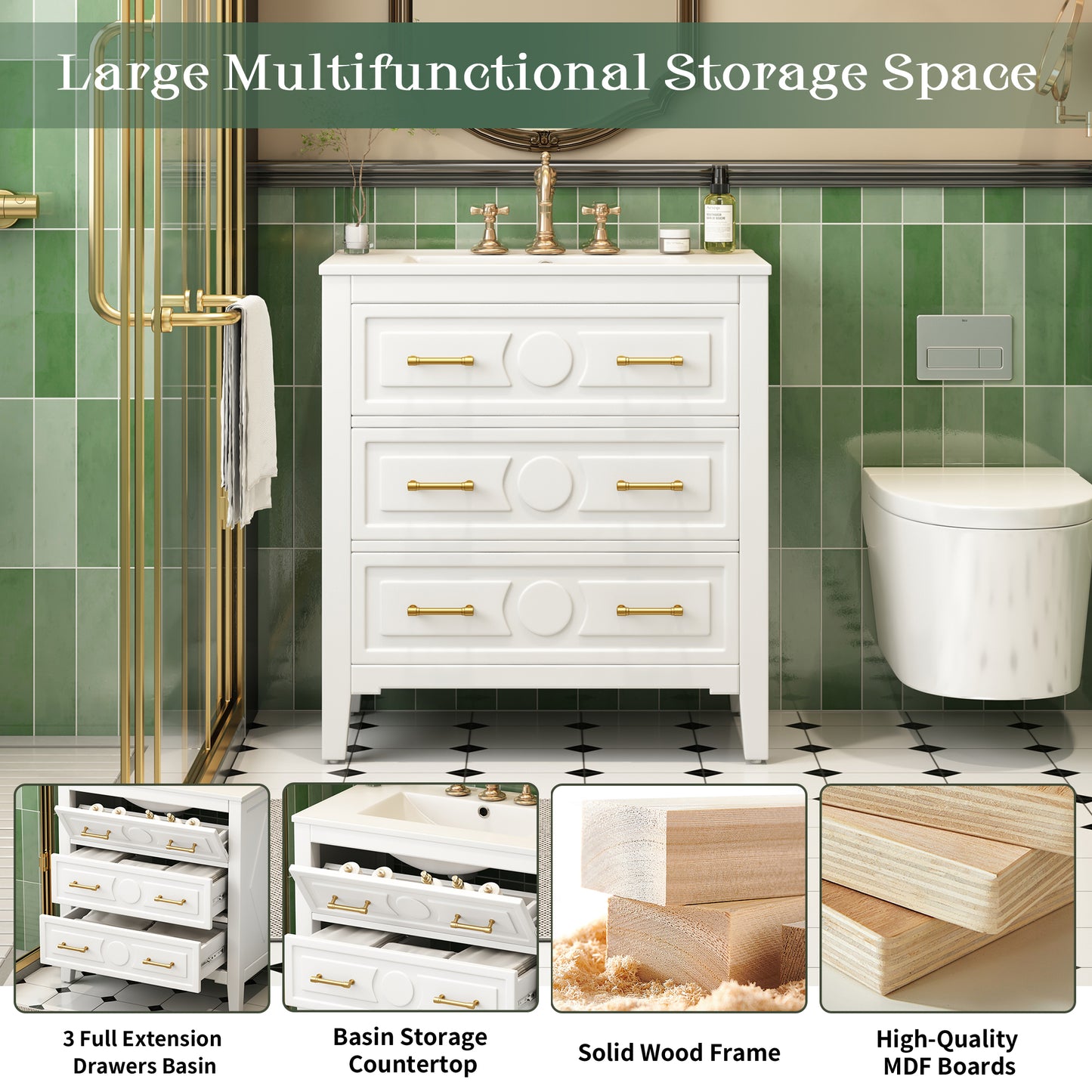VanityFus 30-in White Bathroom Vanity Single Sink Combo with Ceramic Top Undermount 3 Drawers