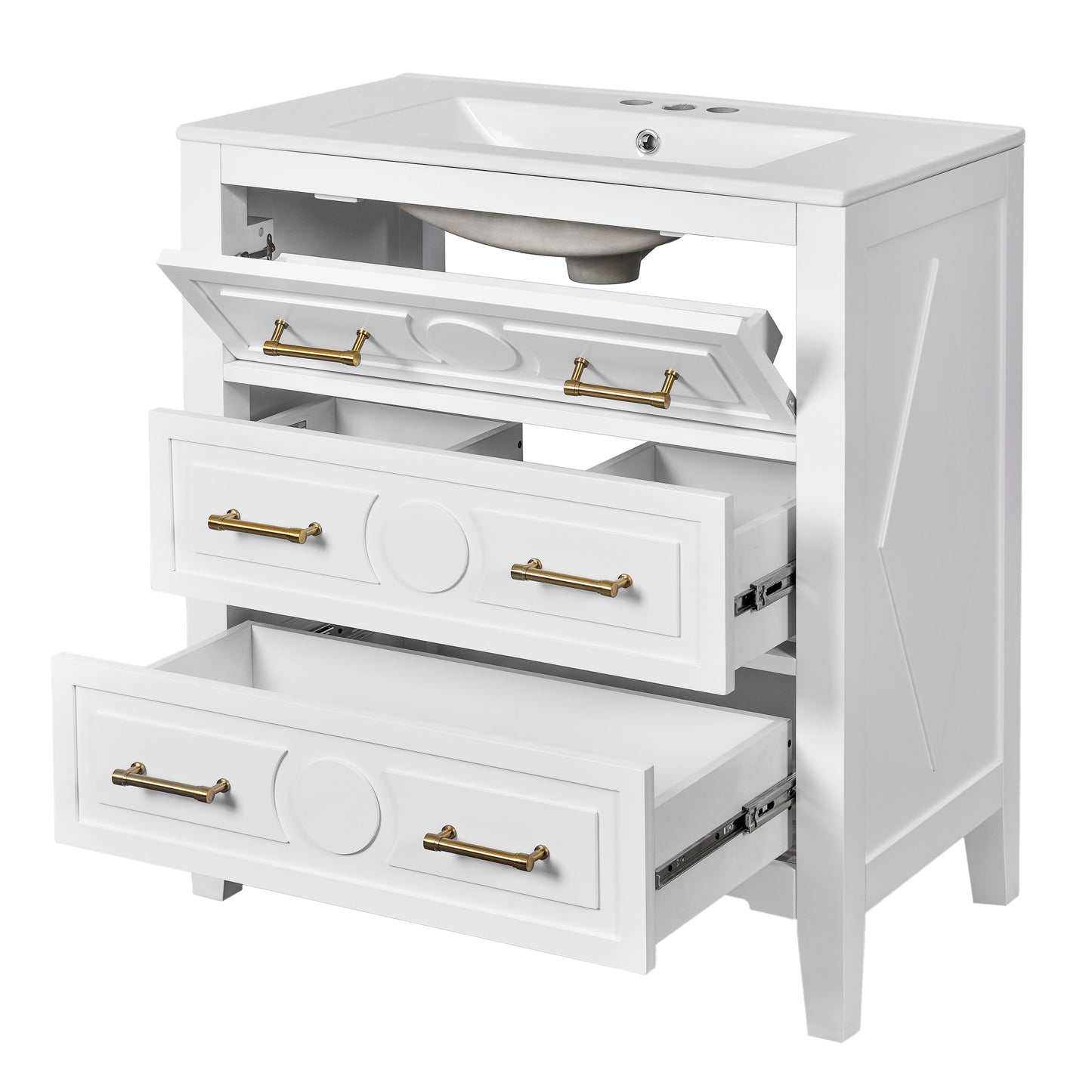 VanityFus 30-in White Bathroom Vanity Single Sink Combo with Ceramic Top Undermount 3 Drawers