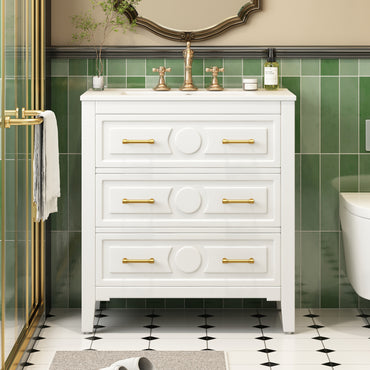 VanityFus 30-in White Bathroom Vanity Single Sink Combo with Ceramic Top Undermount 3 Drawers