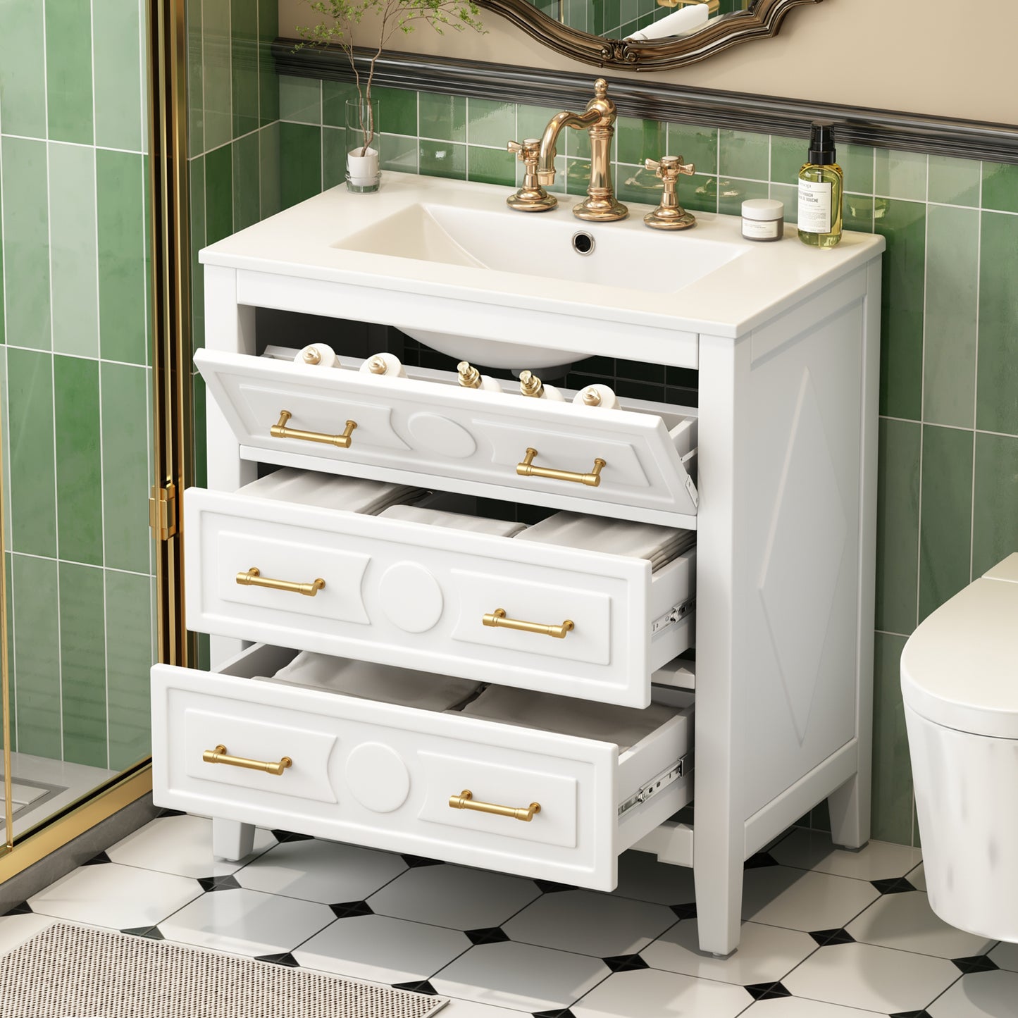 VanityFus 30-in White Bathroom Vanity Single Sink Combo with Ceramic Top Undermount 3 Drawers