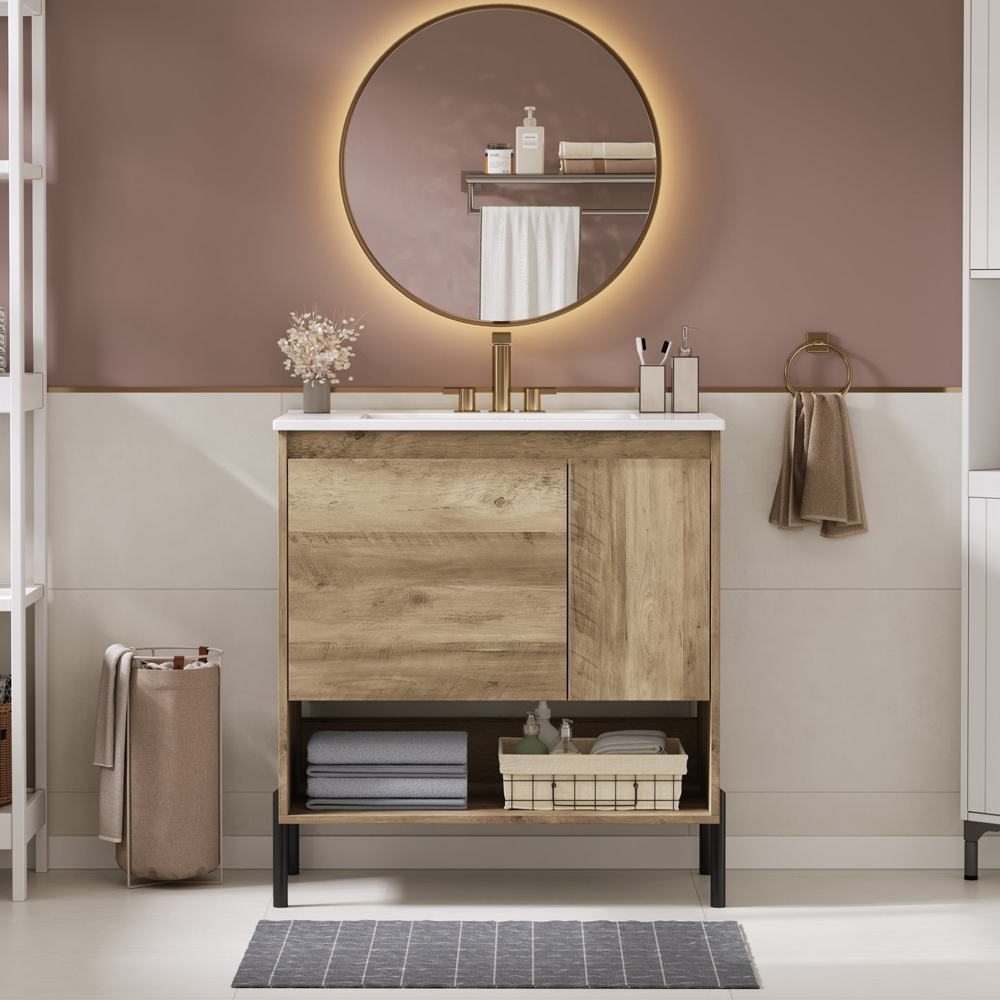 VanityFus 30-in Natural Wood Bathroom Vanity Undermount Single Sink Combo with Ceramic Top 1 Soft Close Door 1 Drawer