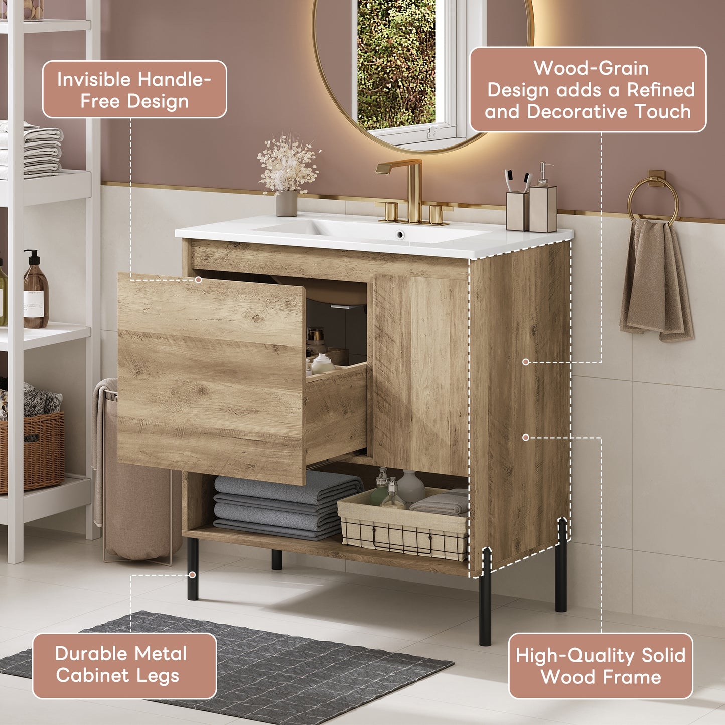 VanityFus 30-in Natural Wood Bathroom Vanity Undermount Single Sink Combo with Ceramic Top 1 Soft Close Door 1 Drawer