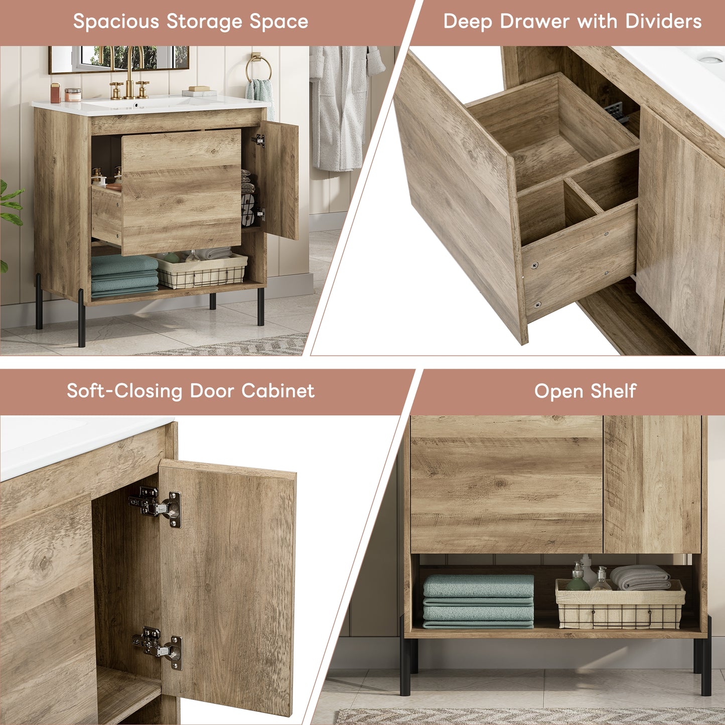 VanityFus 30-in Natural Wood Bathroom Vanity Undermount Single Sink Combo with Ceramic Top 1 Soft Close Door 1 Drawer
