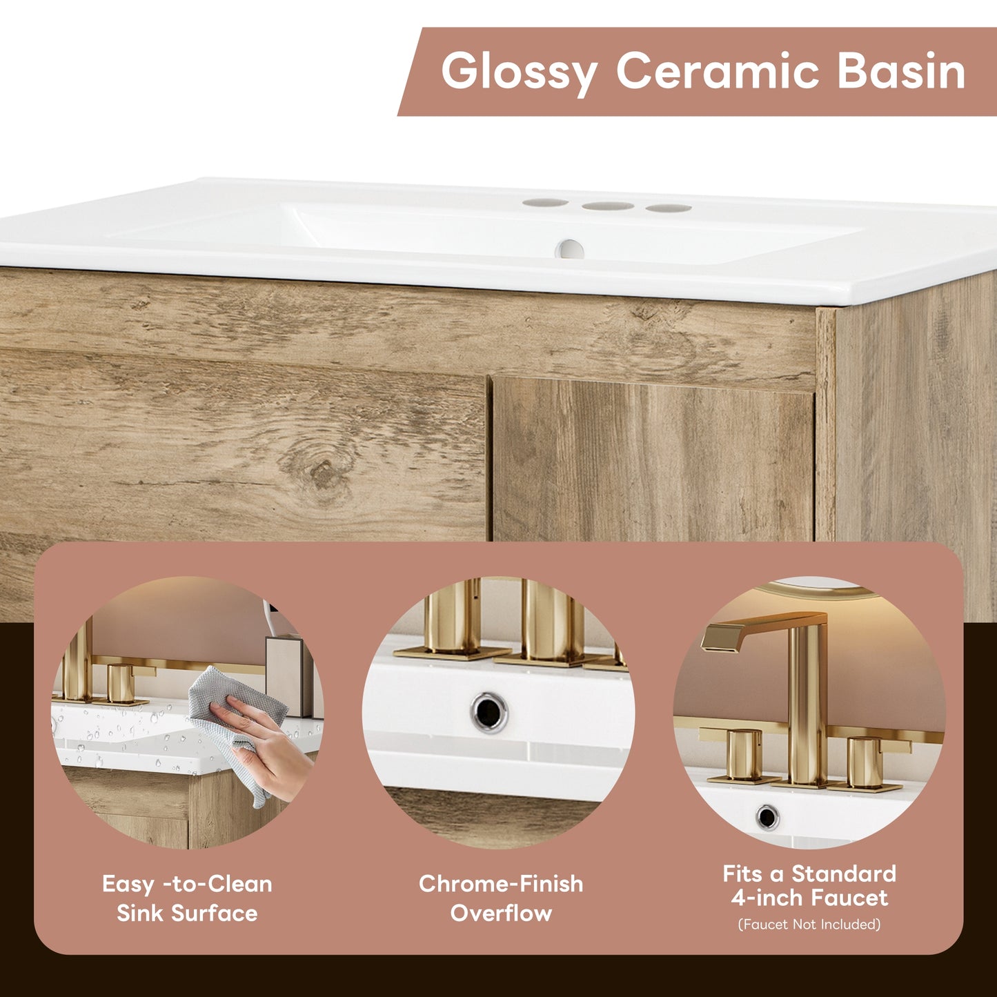 VanityFus 30-in Natural Wood Bathroom Vanity Undermount Single Sink Combo with Ceramic Top 1 Soft Close Door 1 Drawer