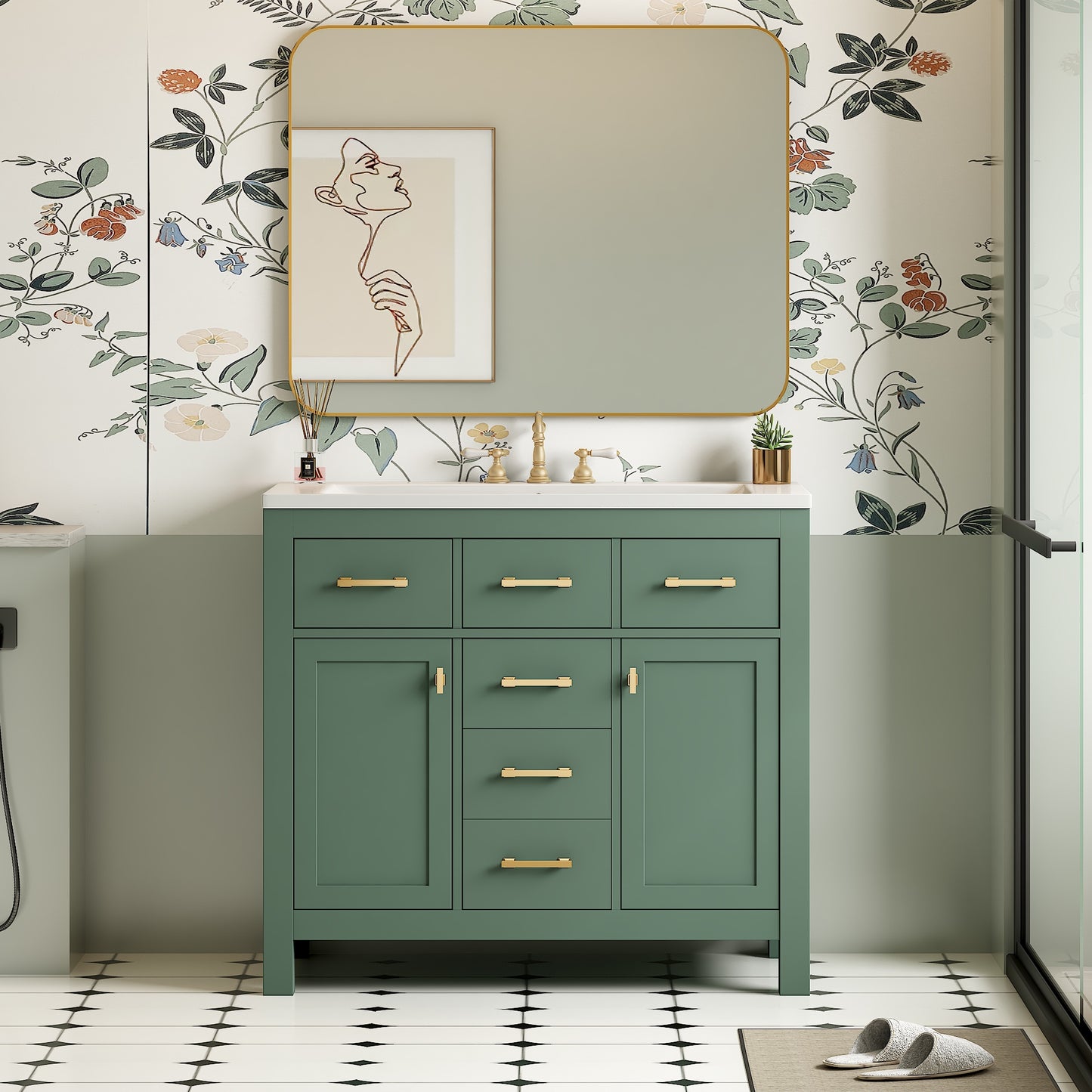 VanityFus 36-in Green Bathroom Vanity Single Sink Combo with Ceramic Top Undermount 2 Soft Close Doors 3 Drawers