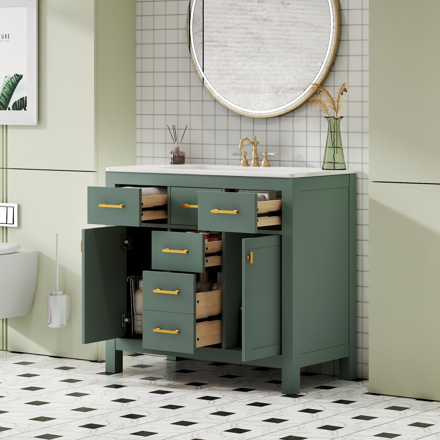 VanityFus 36-in Green Bathroom Vanity Single Sink Combo with Ceramic Top Undermount 2 Soft Close Doors 3 Drawers