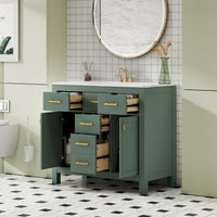 VanityFus 36-in Green Bathroom Vanity Single Sink Combo with Ceramic Top Undermount 2 Soft Close Doors 3 Drawers