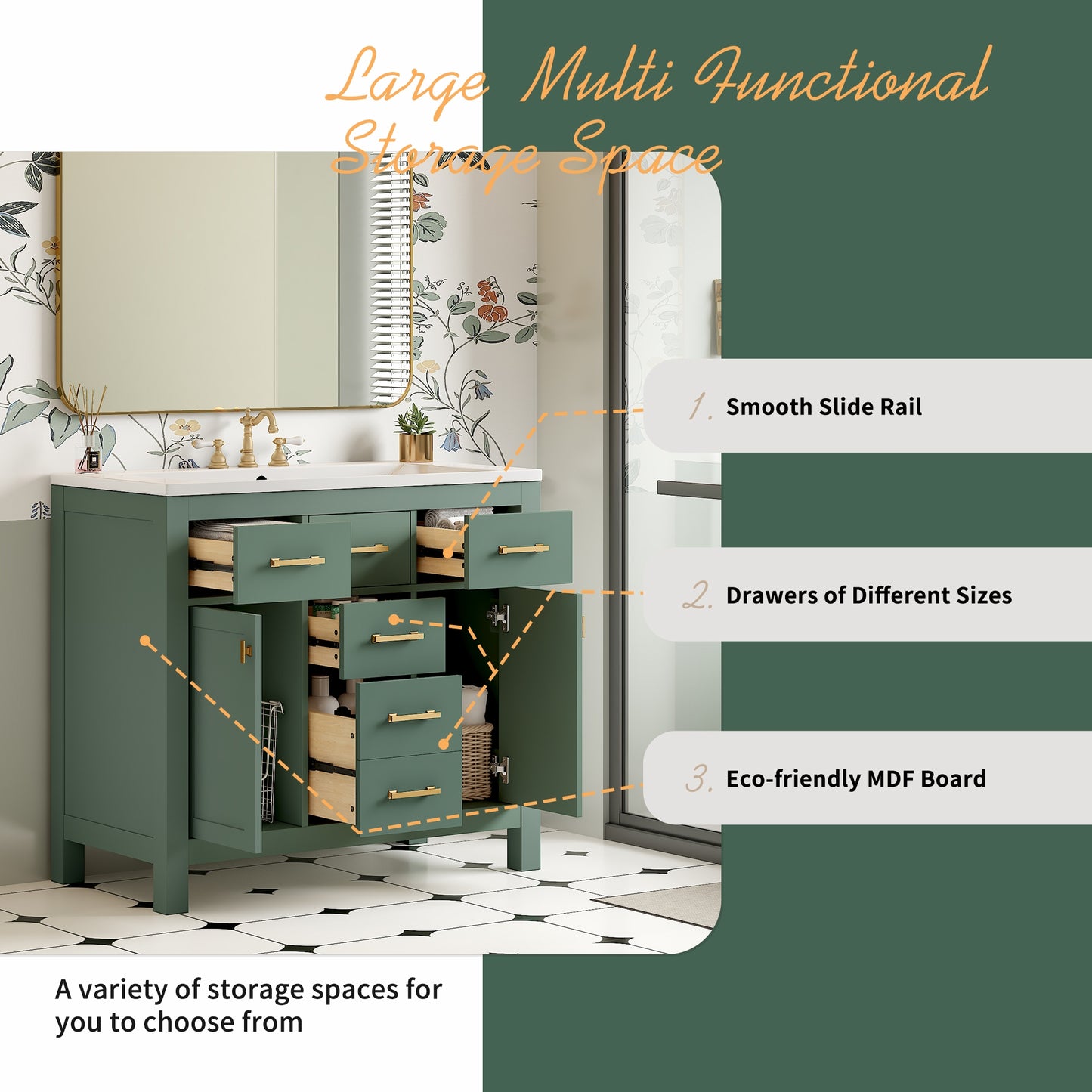 VanityFus 36-in Green Bathroom Vanity Single Sink Combo with Ceramic Top Undermount 2 Soft Close Doors 3 Drawers