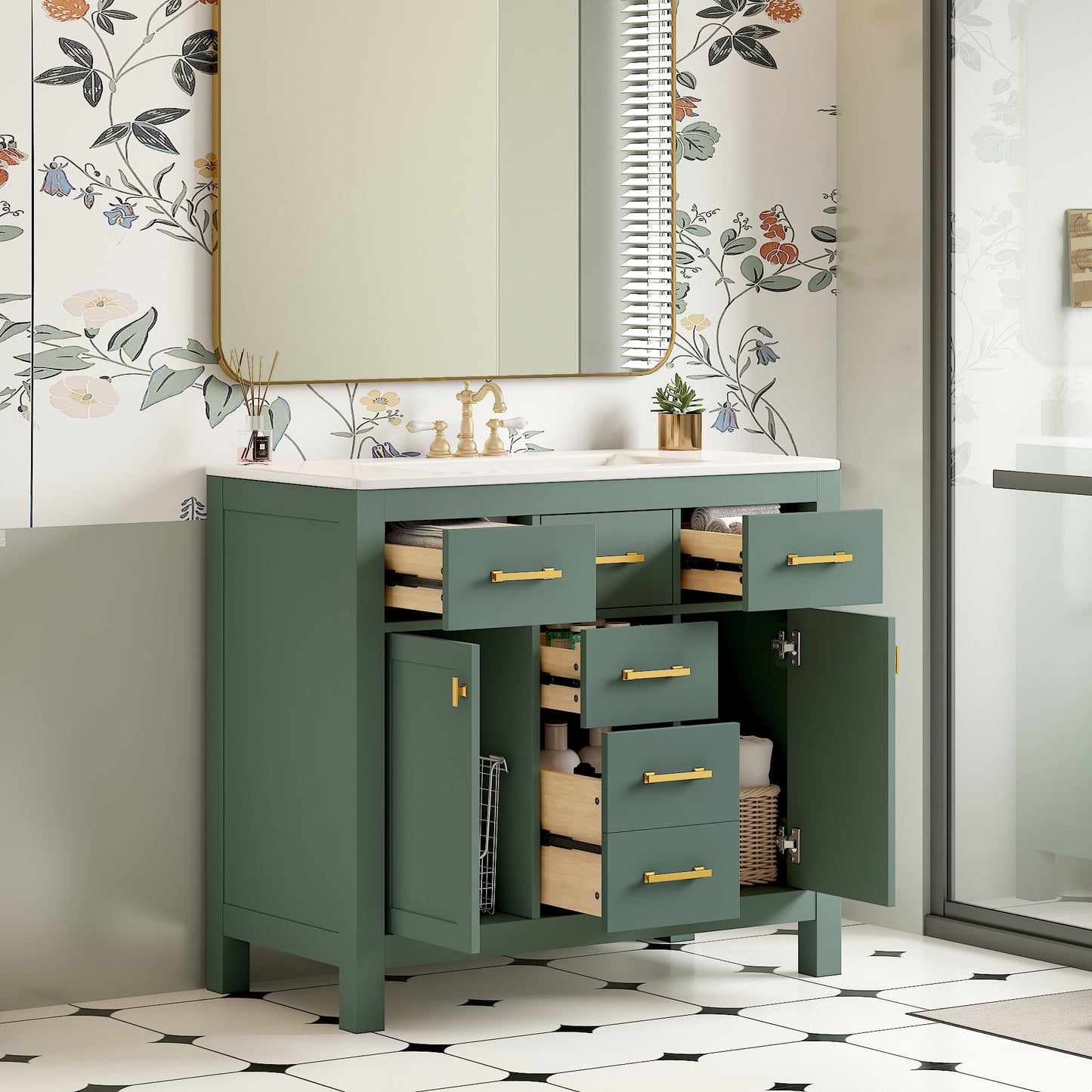 VanityFus 36-in Green Bathroom Vanity Single Sink Combo with Ceramic Top Undermount 2 Soft Close Doors 3 Drawers