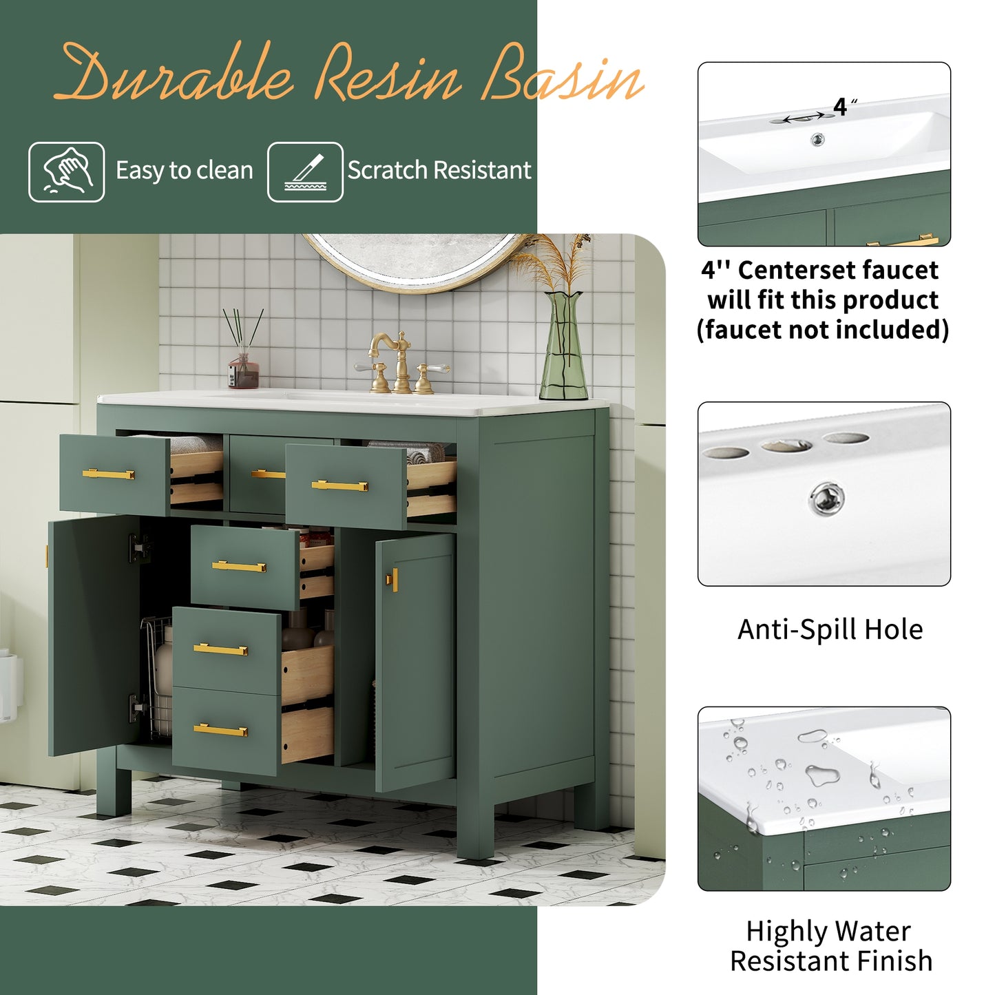 VanityFus 36-in Green Bathroom Vanity Single Sink Combo with Ceramic Top Undermount 2 Soft Close Doors 3 Drawers