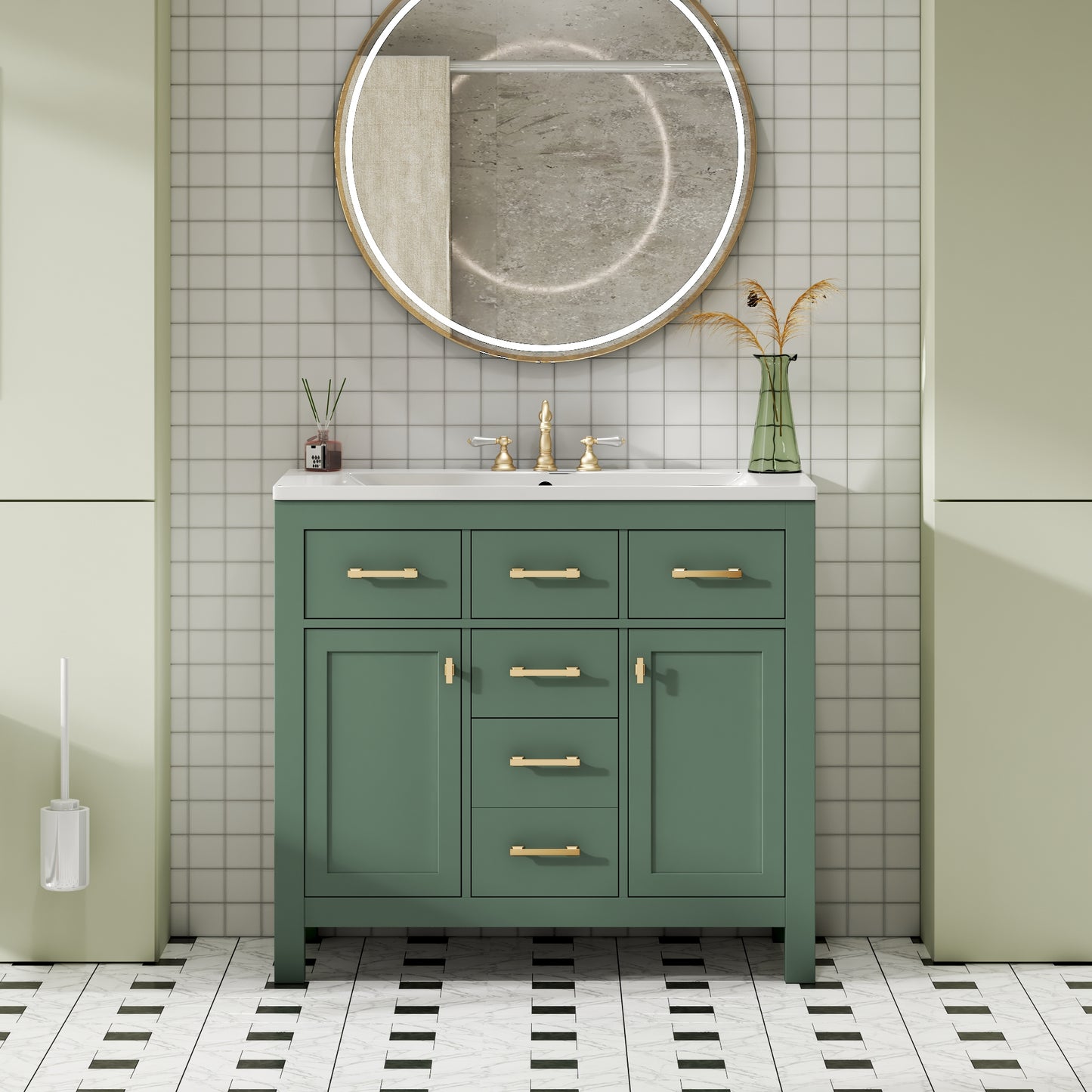 VanityFus 36-in Green Bathroom Vanity Single Sink Combo with Ceramic Top Undermount 2 Soft Close Doors 3 Drawers