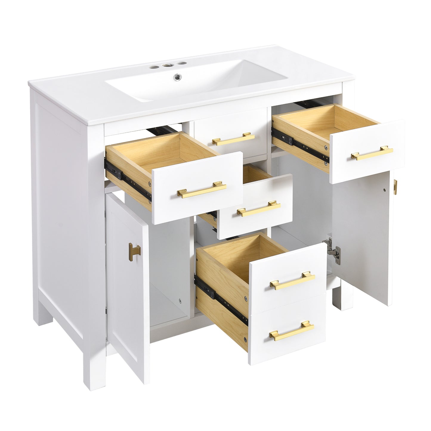 VanityFus 36-in White Bathroom Vanity Single Sink Combo with Ceramic Top Undermount 2 Soft Close Doors 3 Drawers