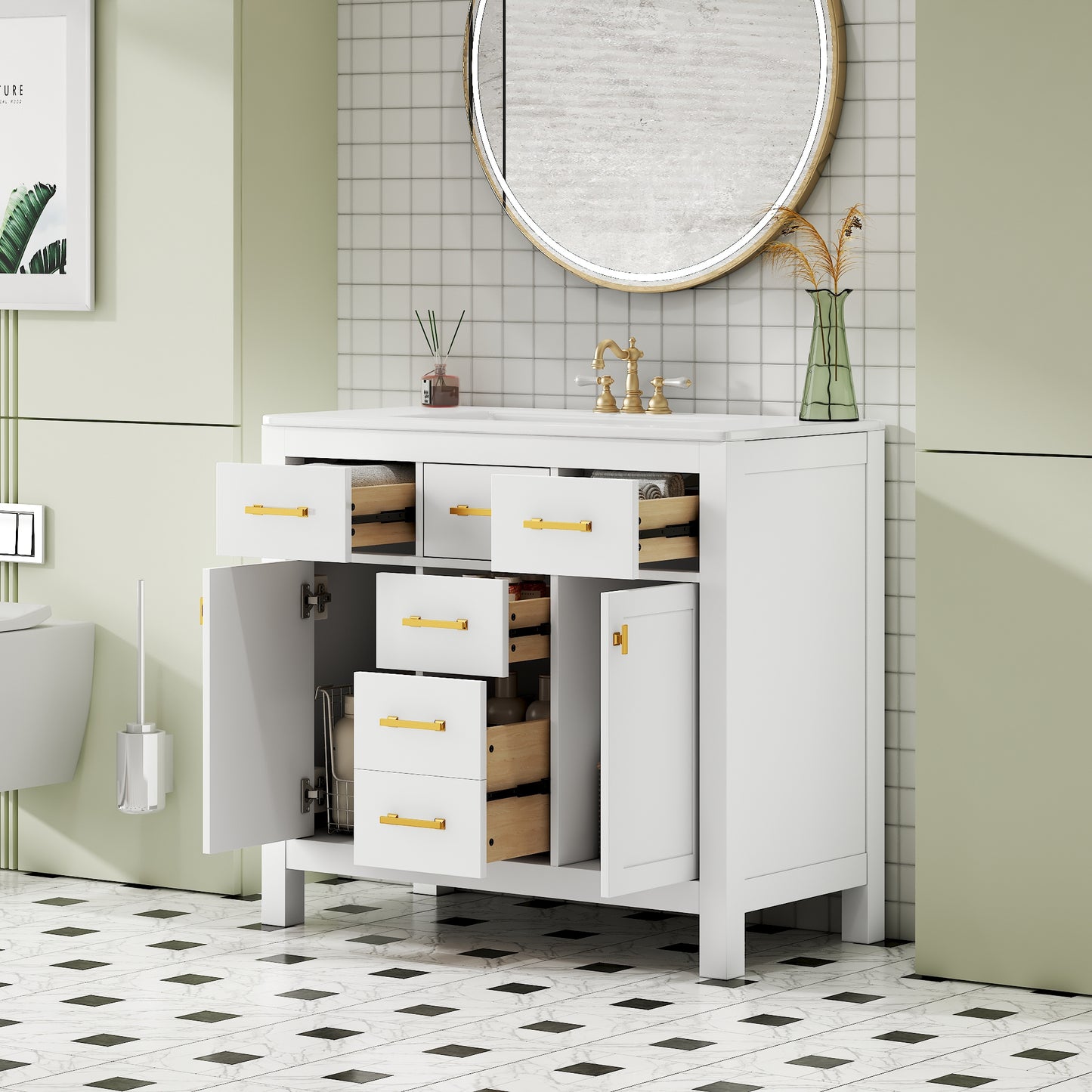 VanityFus 36-in White Bathroom Vanity Single Sink Combo with Ceramic Top Undermount 2 Soft Close Doors 3 Drawers