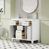 VanityFus 36-in White Bathroom Vanity Single Sink Combo with Ceramic Top Undermount 2 Soft Close Doors 3 Drawers