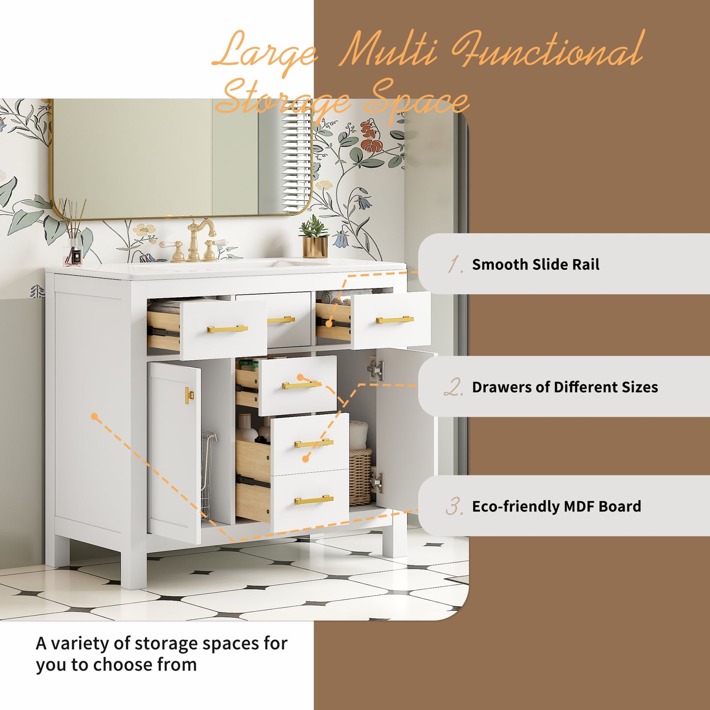 VanityFus 36-in White Bathroom Vanity Single Sink Combo with Ceramic Top Undermount 2 Soft Close Doors 3 Drawers