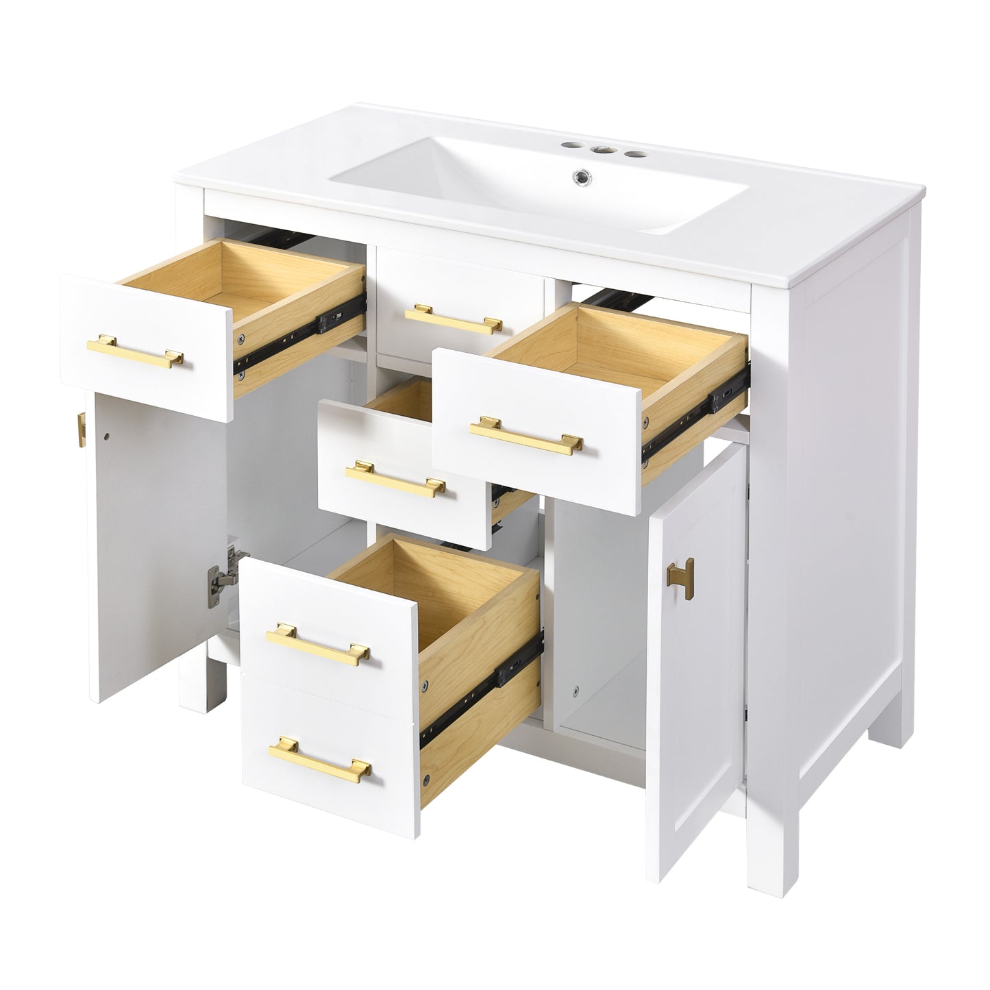 VanityFus 36-in White Bathroom Vanity Single Sink Combo with Ceramic Top Undermount 2 Soft Close Doors 3 Drawers