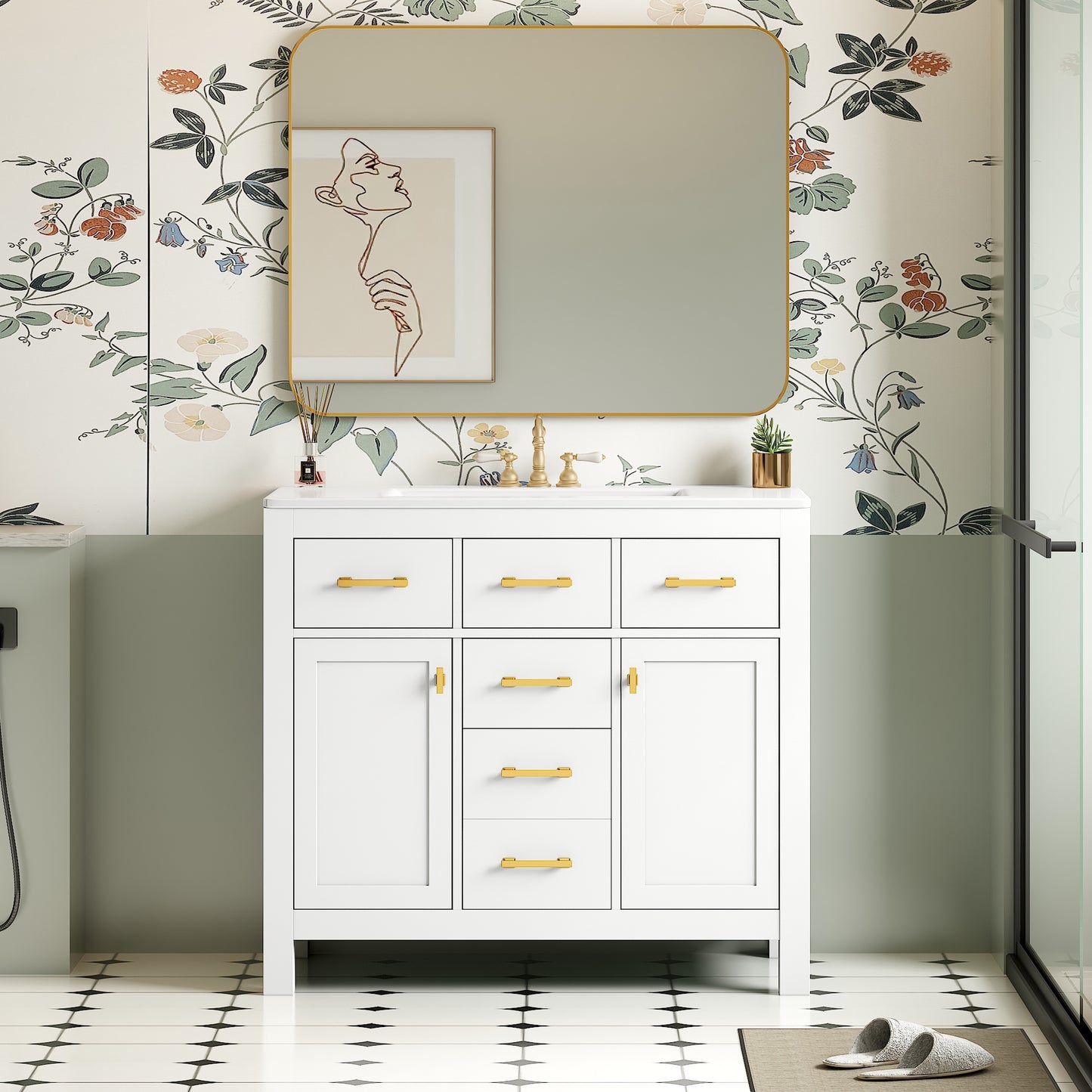 VanityFus 36-in White Bathroom Vanity Single Sink Combo with Ceramic Top Undermount 2 Soft Close Doors 3 Drawers
