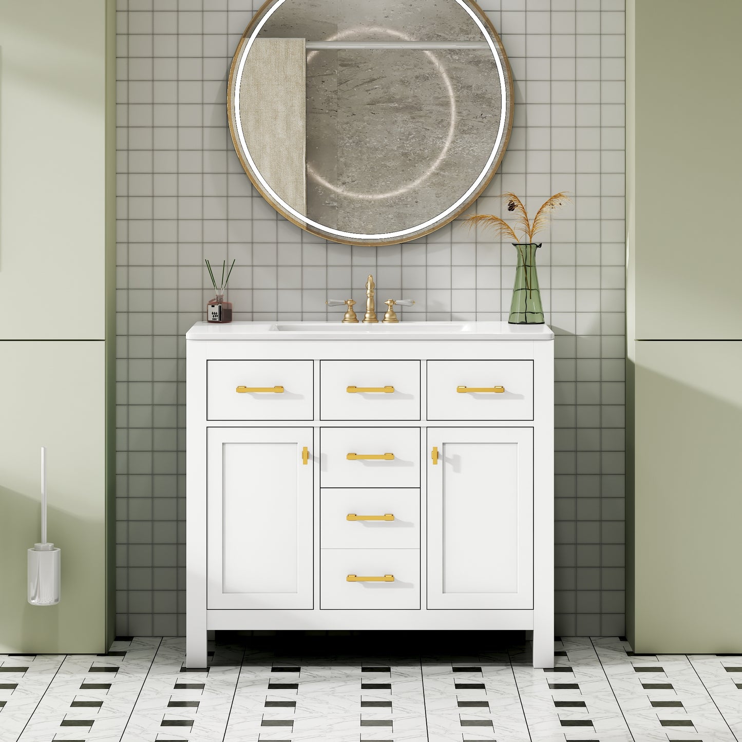 VanityFus 36-in White Bathroom Vanity Single Sink Combo with Ceramic Top Undermount 2 Soft Close Doors 3 Drawers