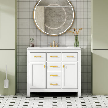 VanityFus 36-in White Bathroom Vanity Single Sink Combo with Ceramic Top Undermount 2 Soft Close Doors 3 Drawers